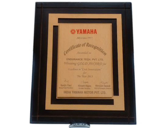 Certificate of Recognition for Excellence in Cost Innovation by Yamaha