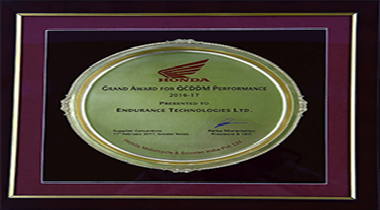 Endurance received The Grand Award for QCDDM Performance for 2016-17 from Honda Scooters and Motorcycles India (HMSI)