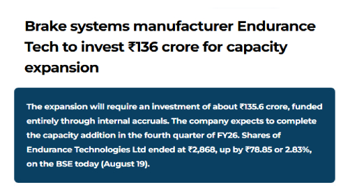 Brake systems manufacturer Endurance Tech to invest ₹136 crore for capacity expansion