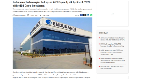 Endurance Technologies to Expand ABS Capacity 4X by March 2026 with ₹103 Crore Investment